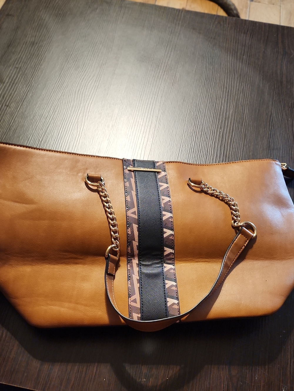 Aldo Tan Tote with Black and Tan Accent Stripe
